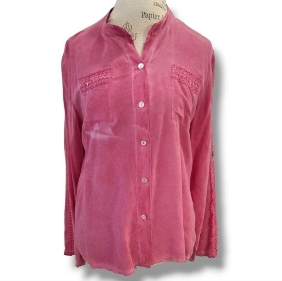 Charlie B Made In Italy Red Button-Down Top With Crocheted Accents - Size OS - Picture 1 of 5